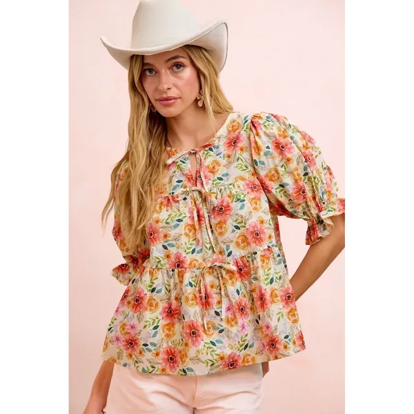 BiBi Flower‎ Printed Shirring Detail Blouse Top - Flower - Large - Image 11