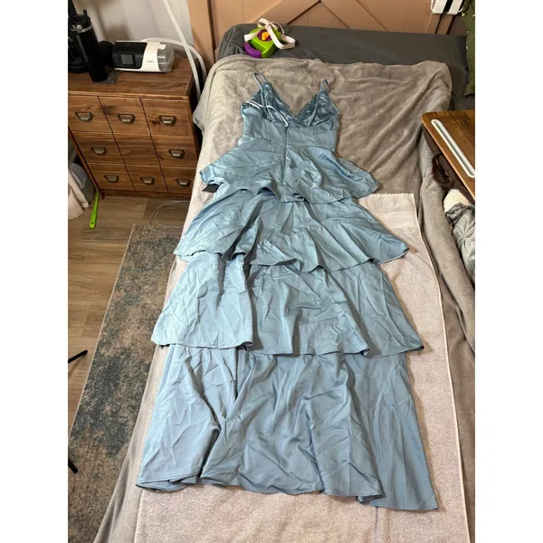 NWT Lulus‎ Going with Elegance Slate Blue Satin Tiered Gown Size Small Formal - Image 10