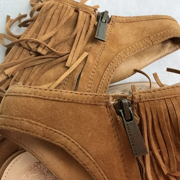 Vince Camuto Womens 9.5M Tan Suede Fringe Open Toe Wedge Ankle Booties - Image 9
