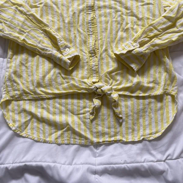 Loft Womens Medium Striped Linen Blend long‎ Sleeve Blouse Button Down Yellow - Image 2