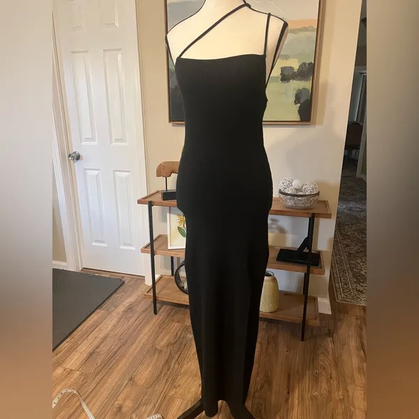 Abercrombie & Fitch Black Ribbed Asymmetrical Strappy Maxi Dress Small Tall - Image 2