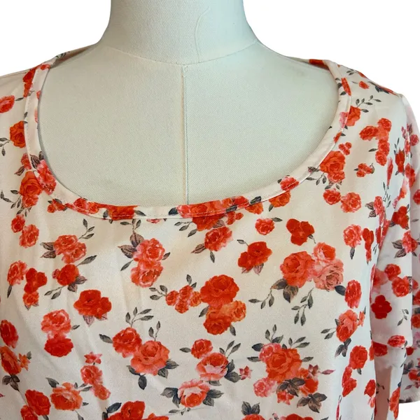 Floral Top XL Cream Orange Short Sleeve Flutter Soft Silk Coquette Feminine Boho - Image 2