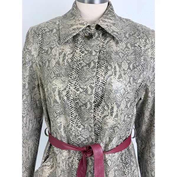 Gallery Trench Coat Gray Faux Snakeskin Print Button Front Burgundy Belted M - Image 3