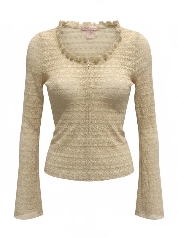 Lace-Trim Sheer Blouse - Cream - Image 3