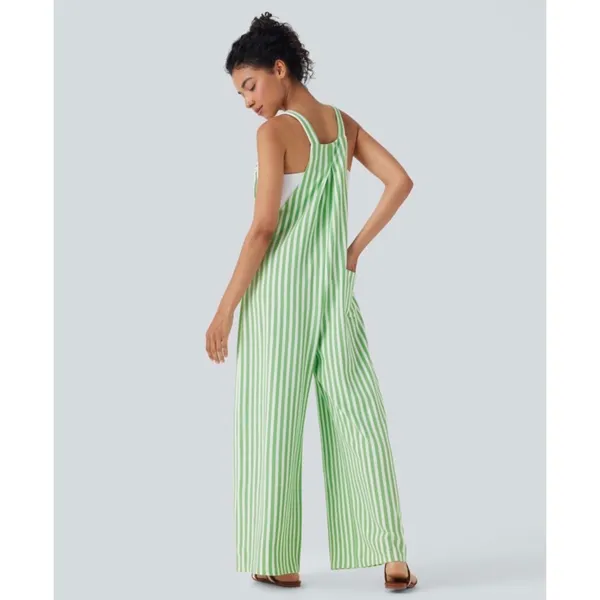 Halara Green White Striped Wide Leg Bib Overalls Pockets Medium Regular - Image 2