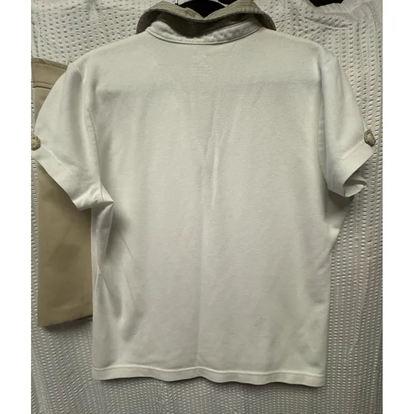 IZOD Women's Golf 2 piece Polo Skort‎ Set Tan White Zip Pockets Comfort Classic - Image 7