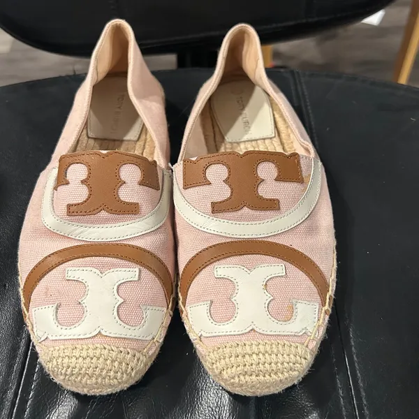 Tory Burch Blush Pink Canvas Espadrilles with Tan & Cream Logo - Image 2