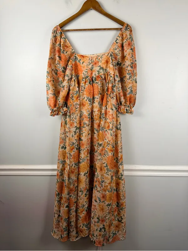Storia Estelle babydoll maxi dress in orange tan shimmer floral size XS - Image 7