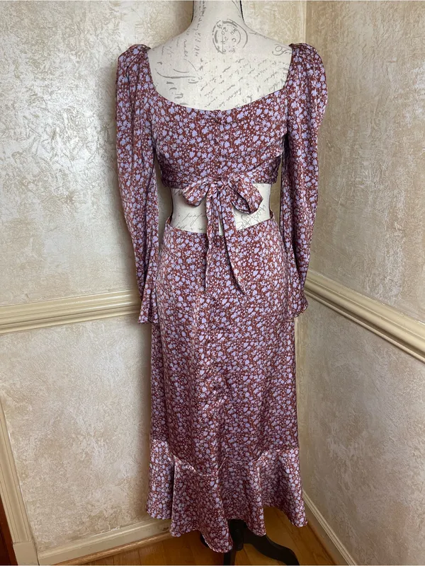 ASTR The Label Lainie Dress Floral Cutout Midi Sz S Puff Sleeve Lavender Brown - Image 4