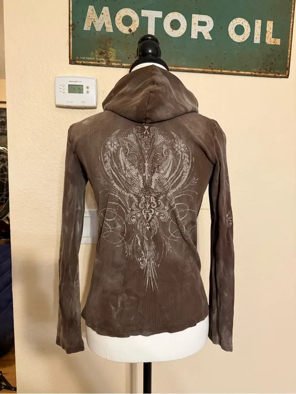Sledge USA Zip Up Hoodie Women M Brown Studded Y2K Grunge Cyber Goth Wings - Image 7