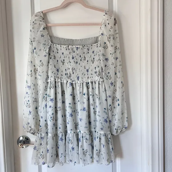 Aritzia Wilfred Tempest‎ Baby Blue Floral Smocked Long Sleeve Mini Dress Small - Image 6