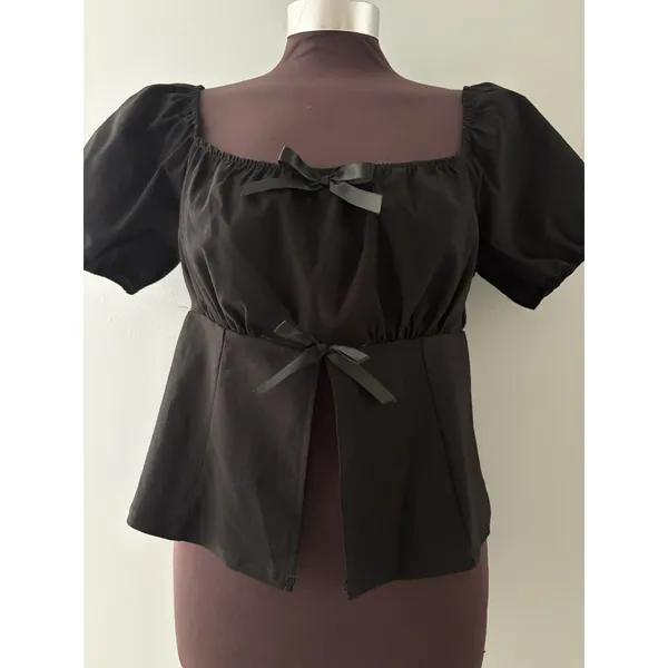 Riley & James Milkmaid Top Size Large Black Bows Puff Sleeve Whimsigoth Fairy - Image 3
