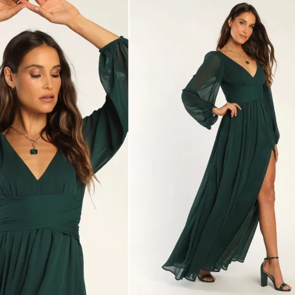LULU's Sexy Elegant Long Sleeve Romantic Flowy Bridesmaid Wedding Formal Gown - Image 2