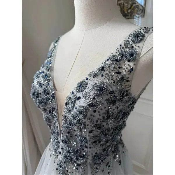 Dave & Johnny Grey Navy Blue Beaded Prom Dress Formal Ball Gown $438 0 - Image 4