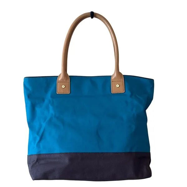 Tory Burch Jaden Tote Blue Canvas‎ Coconut Tan Leather Shopper Bag - Image 2