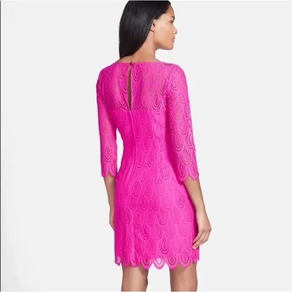 Lilly Pulitzer Hera Sheath‎ Dress Women's 6 Pink Lace 3/4 Sleeves Scalloped Hem - Image 2