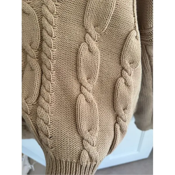 J.Crew V-Neck Cable Knit Sweater‎ Desert Camel Cotton Blend Large - Image 3