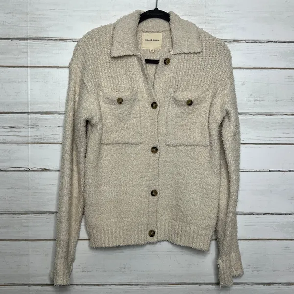 Thread & Supply Sherpa Button Front Small Cream Brazilian Sand Teddy Shacket - Image 10