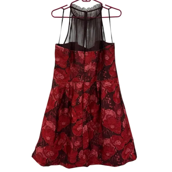 Maggy London Red Jacquard Cocktail Wedding Guest Illusion Yoke Dress Womens 16 - Image 11