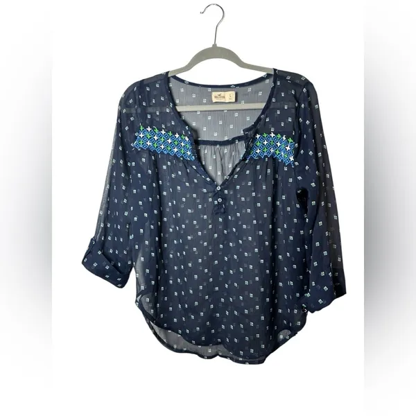 Hollister Navy Blue Embroidered Sheer Blouse‎ - Size Large - Image 2