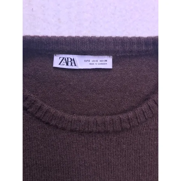 Zara Wool Crewneck Sweater Womens Small Brown Ribbed Knit Pullover‎ - Image 5
