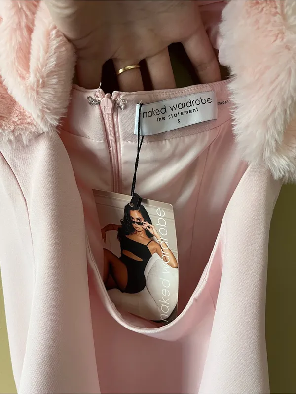 naked wardrobe Pink Faux Fur Bandeau Cutout Mini Dress - Image 6