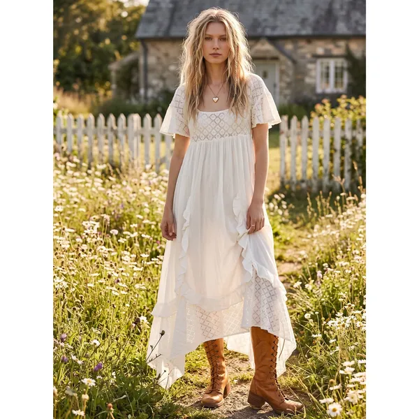 Free People Ethereal Bohemian Cottage Bring The Romance Maxi Dress White Small - Image 3