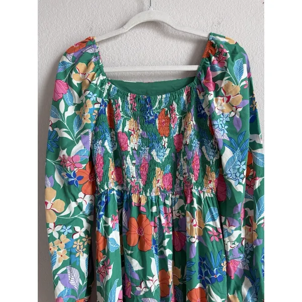 PRETTYGARDEN Green Tropical Floral Maxi Dress Smocked Cuff Square‎ Neck Boho M - Image 8