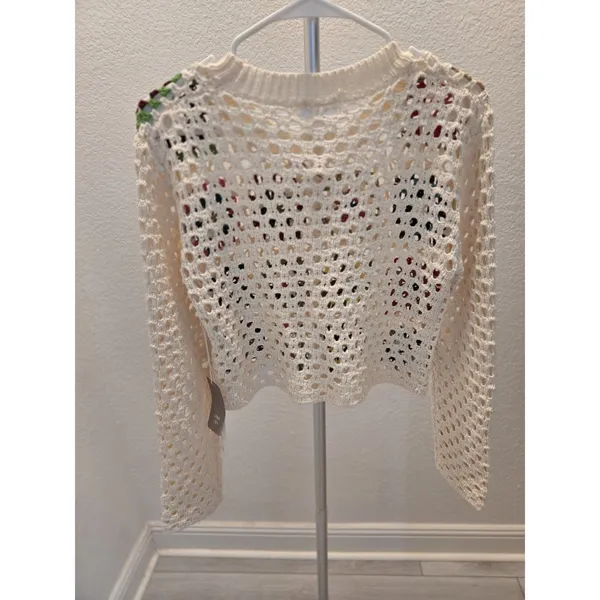 Luna Ivy Granny Square Crochet Sweater Cream Colorful Open Knit Women Size S NWT - Image 5