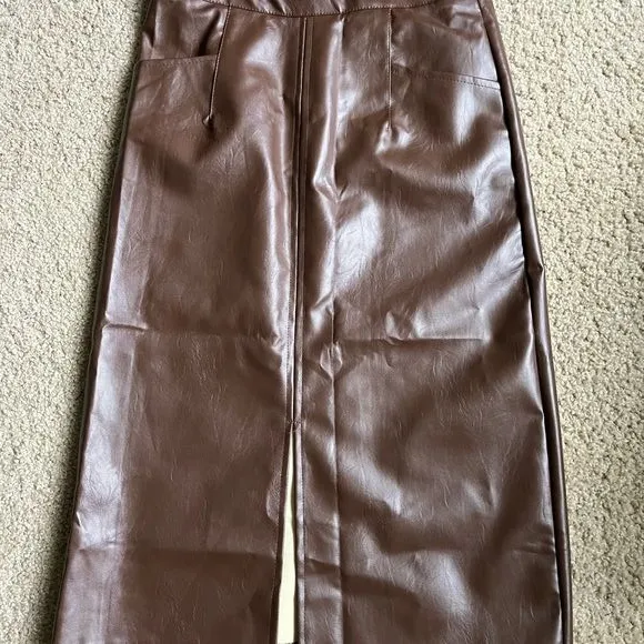 PU Leather Skirts for Women High‎ Waist Fall Straight Elegant Split Midi Skirts - Image 3