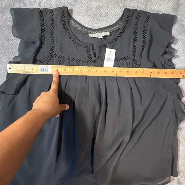 LOFT Small Charcoal Gray Ruffle Sleeve Lace Trim Blouse Business Office NEW - Image 7