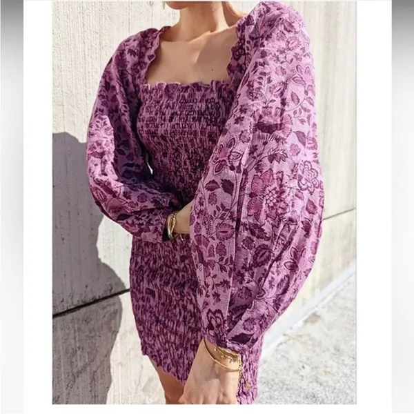 Free People Smock It to Me Long Sleeve Minidress in‎ purple floral XS - Image 4