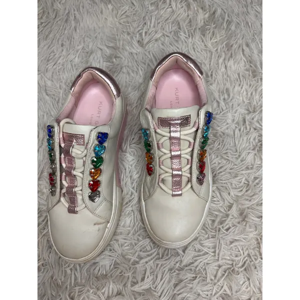 Kurt Geiger London White Pink Gem‎ Heart Embellished Sneakers Women 5.5 Youth 3 - Image 2