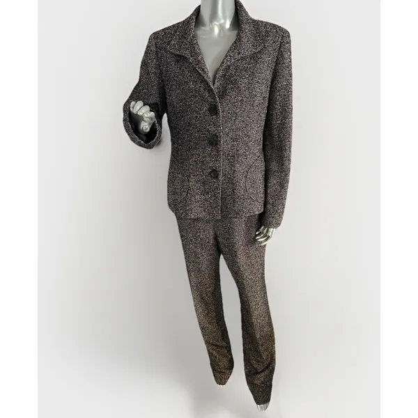 Vintage Carlisle Black White Marled tweed herringbone Pant Suit Wool Blend 12 - Image 2