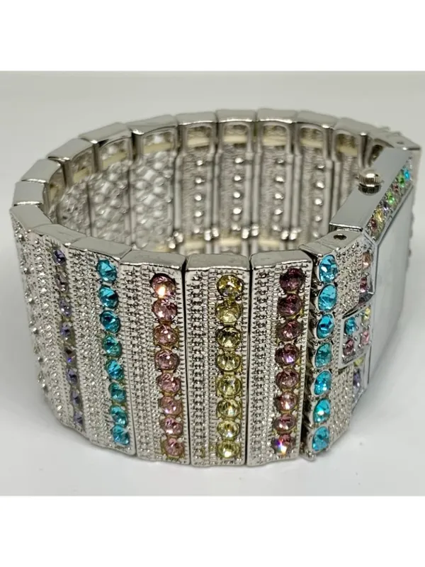 Silver tone colorful crystal women watch 32mm quartz analog elastic band running - Image 4