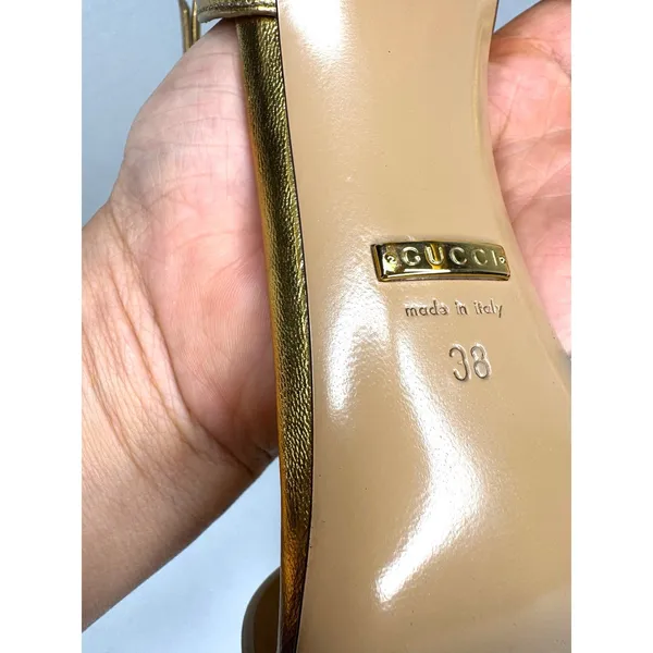 Gucci Cara Gold Metallic Leather Strappy High Heel Sandals EU 38 - Image 6