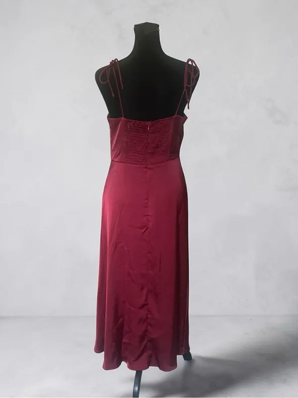On You Burgundy Satin Slip Midi Dress M Smocked Back Spaghetti Straps - Image 4