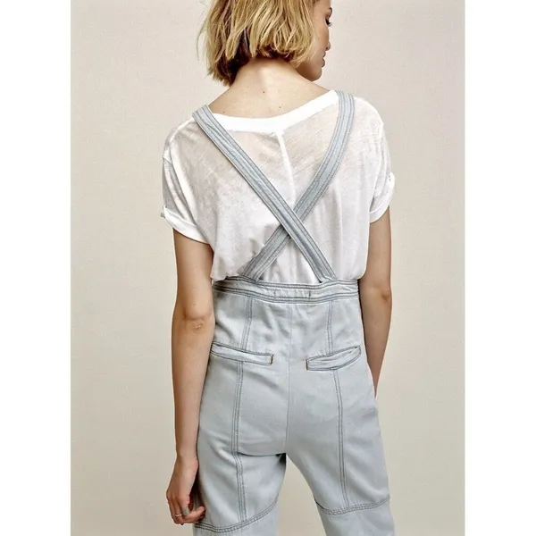 Free People 70s 100% Cotton Light Wash Wide Leg Denim Overalls Jumpsuit 27 - Image 2