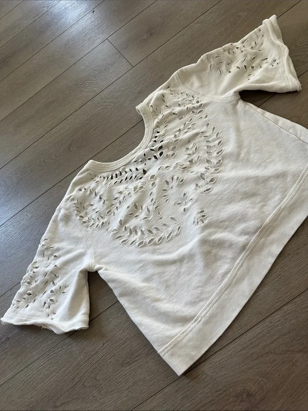 Free People White leaf cutout sweatshirt material short sleeve shirt 100% cotton - Image 4