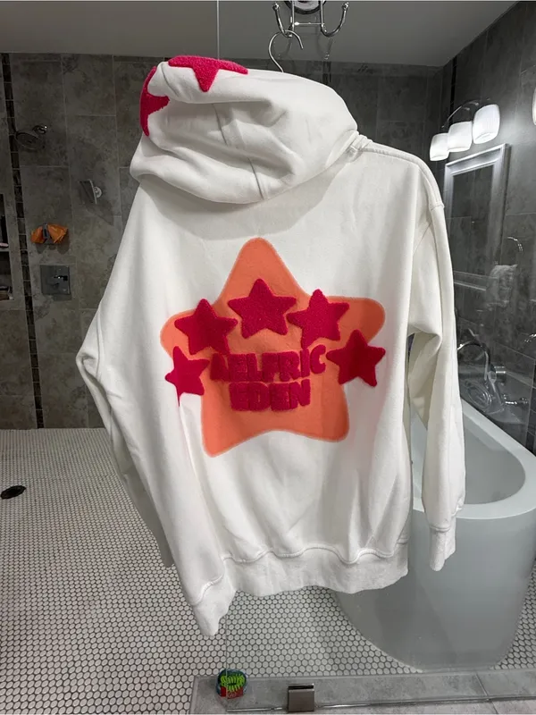 Aelfric Eden White Hoodie with Light and Dark Pink Star Flock Logo - Small (NWT - Image 5