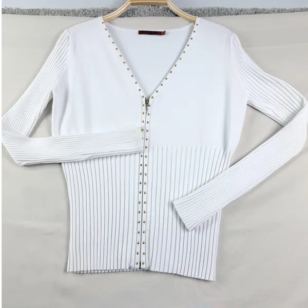 Bellini Size M White Ribbed Zip Front Studded V Neck Cardigan Sweater Y2K Glam - Image 2