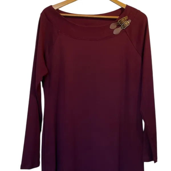 LAUREN RALPH LAUREN Burgundy Red Boat Neck Long Sleeve Cotton Knit Dress - Sz XL - Image 2