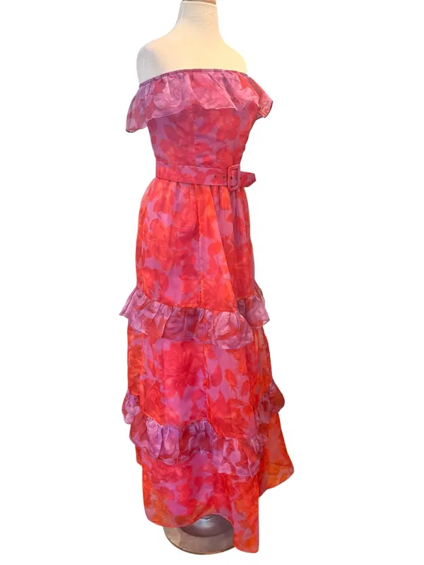 Anthropologie Strapless Tiered Maxi Dress Pink Orange Floral Ruffle Belted XL - Image 5