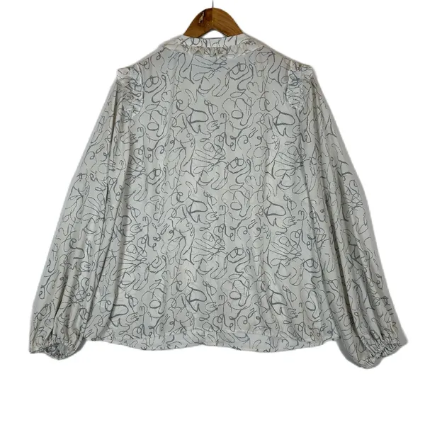 Cabi 4232 Women White Blue Abstract Scribble Ruffle‎ Collar Button Blouse Large - Image 2