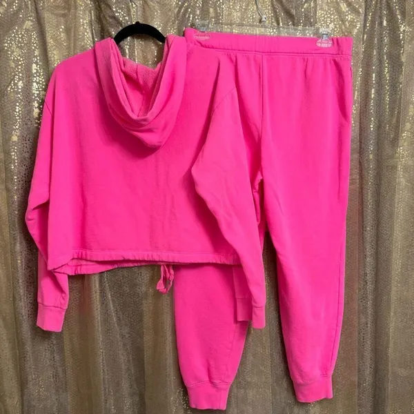 PINK Victorias Secret Cinched Crop Hoodie‎ & Sweatpants Atomic Pink Set L/XL - Image 2