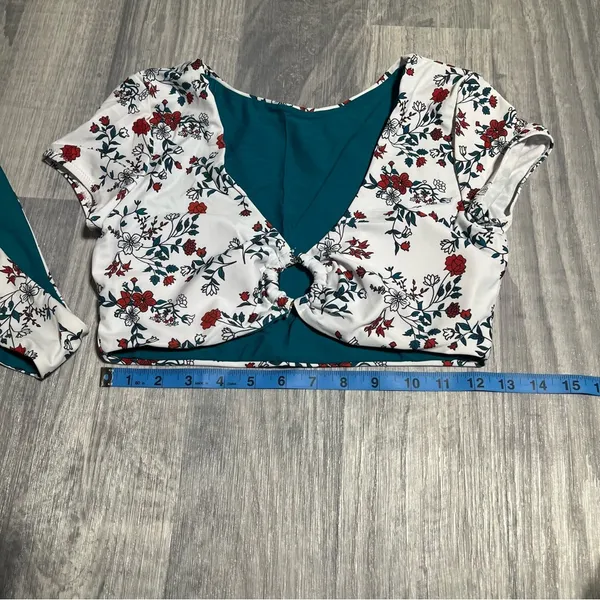 Zaful Teal Green White Floral Swim Suit Bikini Set; Medium - Image 5