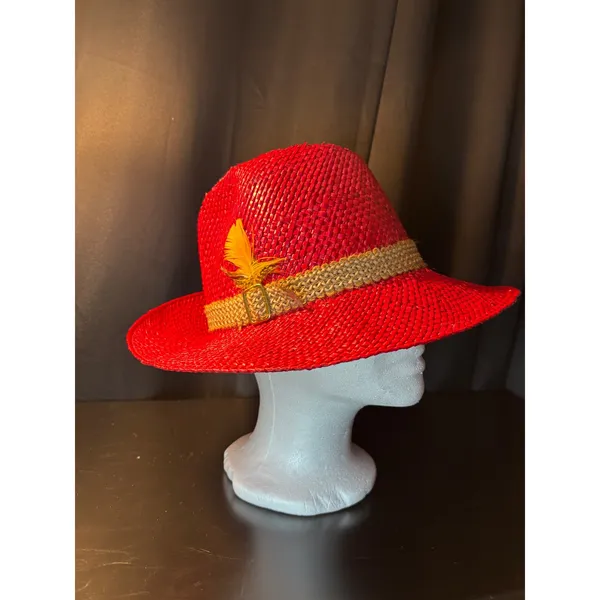 Vintage Red Woven Straw Fedora Hat with Yellow Feather and‎ Buckle Detail - Image 2