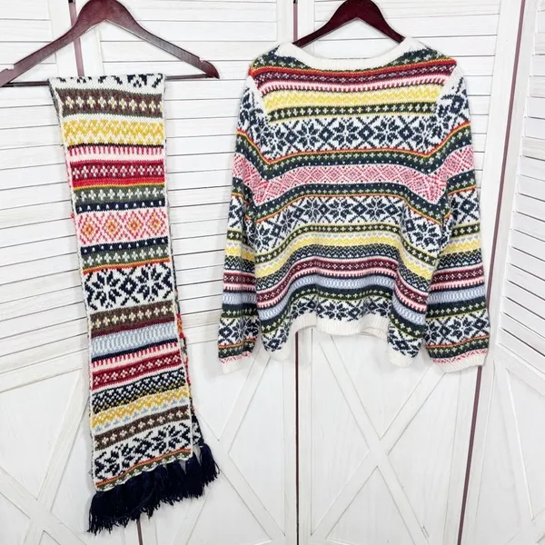 Old Navy Fair Isle Chunky Knit Sweater & Scarf White Multicolor‎ XXL - Image 12