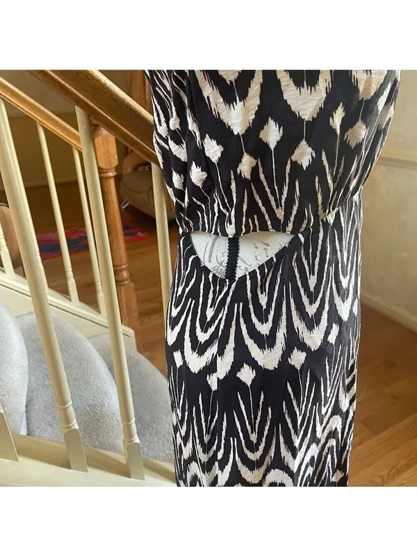 Zara Printed Midriff Cutout Brown Cream Ikat Tribal Puff Sleeve Maxi Dress Sz S - Image 7