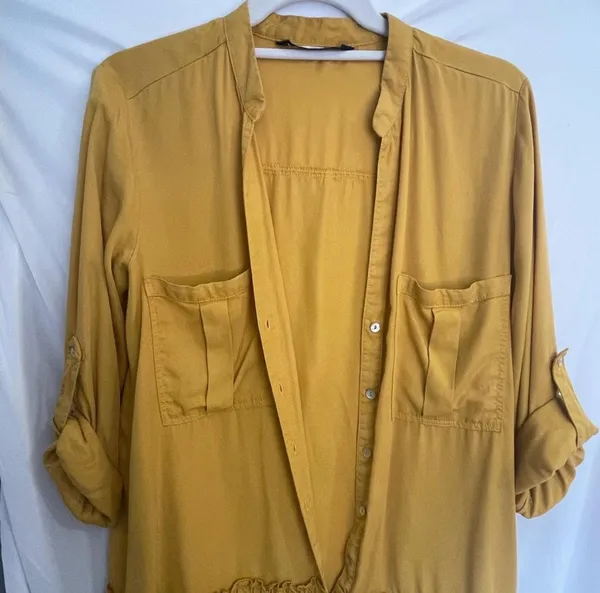 ZARA mustard yellow drop waist button front ruffled Lyocell tunic dress listing-status-banner - Image 3